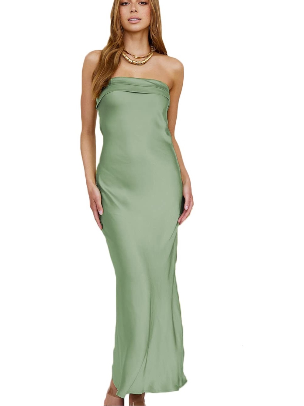 Satin Strapless Maxi Dress in Sage Green